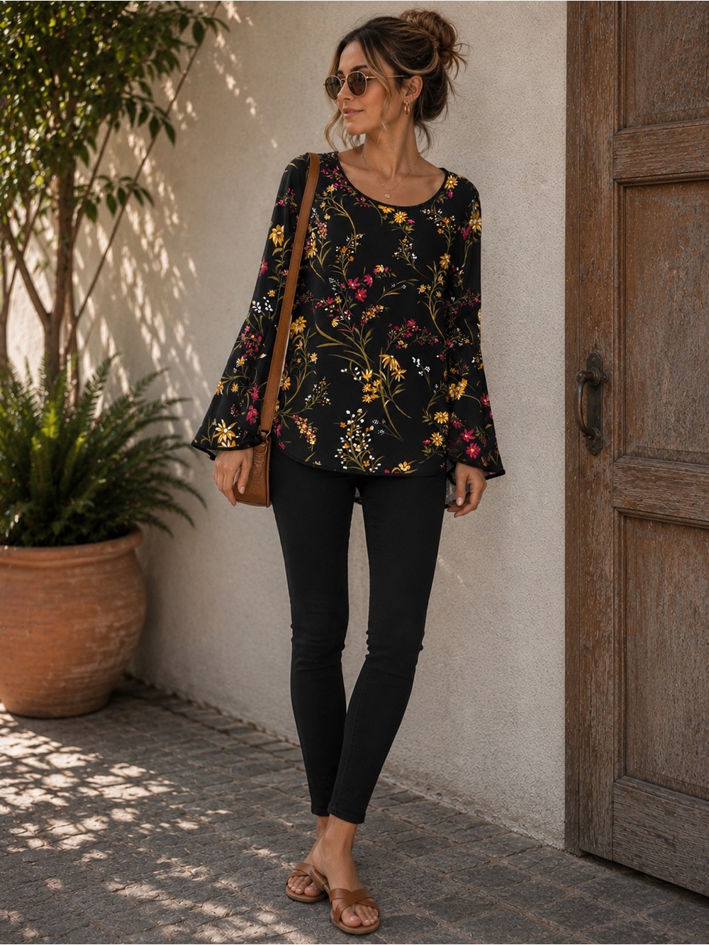 Sam and Jess Black Floral Bell-Sleeve Blouse with Scoop Neck